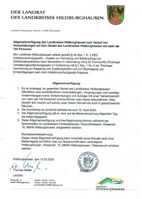 Allgemeinverfügung des Landratsamtes Hildburghausen zum Verbot von Veranstaltungen auf dem Gebiet des Landkreises Hildburghausen