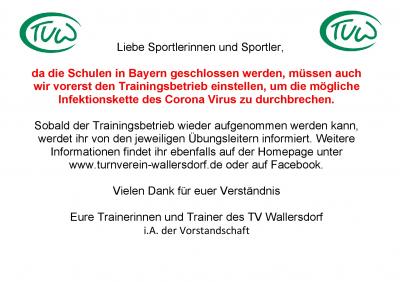 Kein Trainingsbetrieb beim TV-Wallersdorf. Turnhallen bis auf weiteres geschlossen