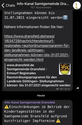 Erhalten Sie aktuelle News der Samtgemeinde Dransfeld über den Messenger "Telegram" ! (Bild vergrößern)