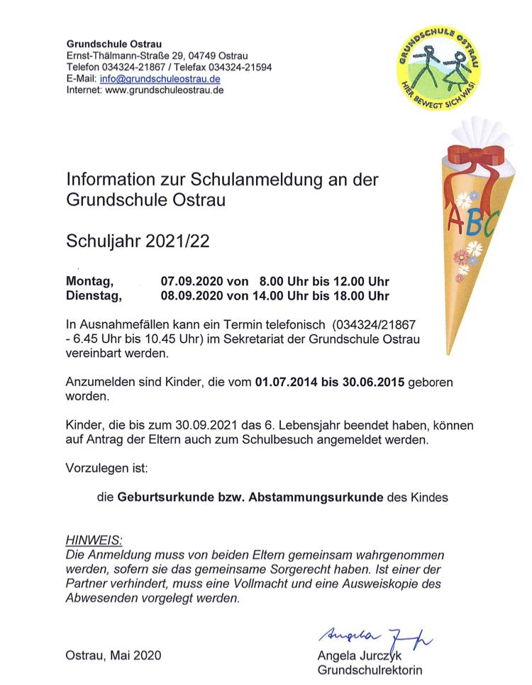 Vorschaubild zur Meldung: Information zur Schulanmeldung an der Grundschule Ostrau