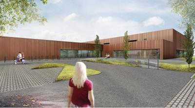 Unser Bild zeigt die Vorderansicht des geplanten Hallenbades in Falkensee (Quelle: Bauconzept)