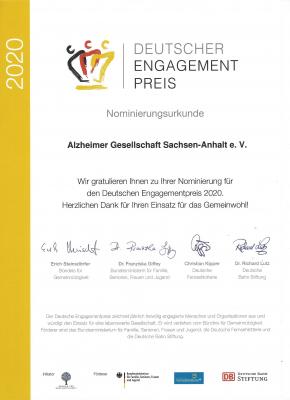 Foto zur Meldung: Nominierungsurkunde zum Deutschen Engagementpreis
