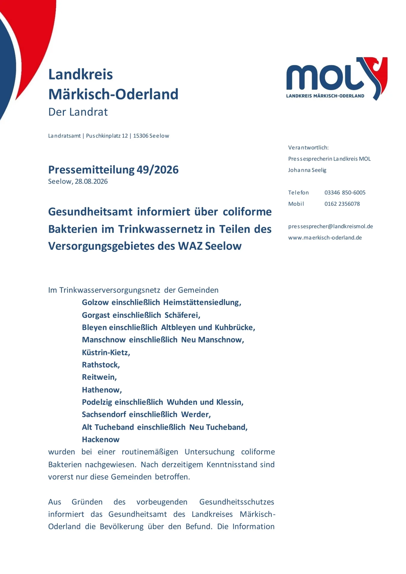 Pressemitteilung des Landkreises: Coliforme Bakterien im Trinkwassernetz
