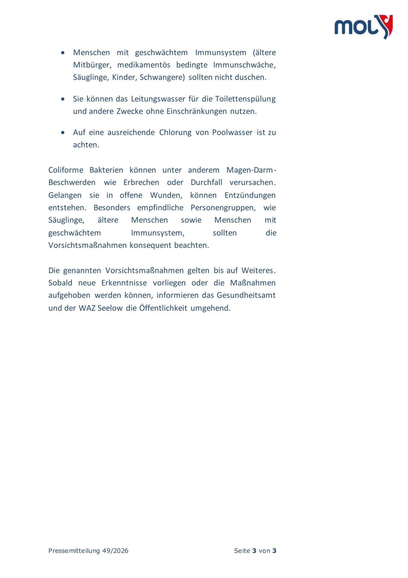 Pressemitteilung des Landkreises: Coliforme Bakterien im Trinkwassernetz