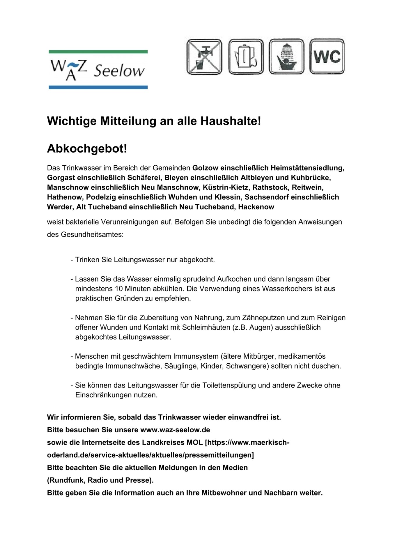 Pressemitteilung des Landkreises: Coliforme Bakterien im Trinkwassernetz