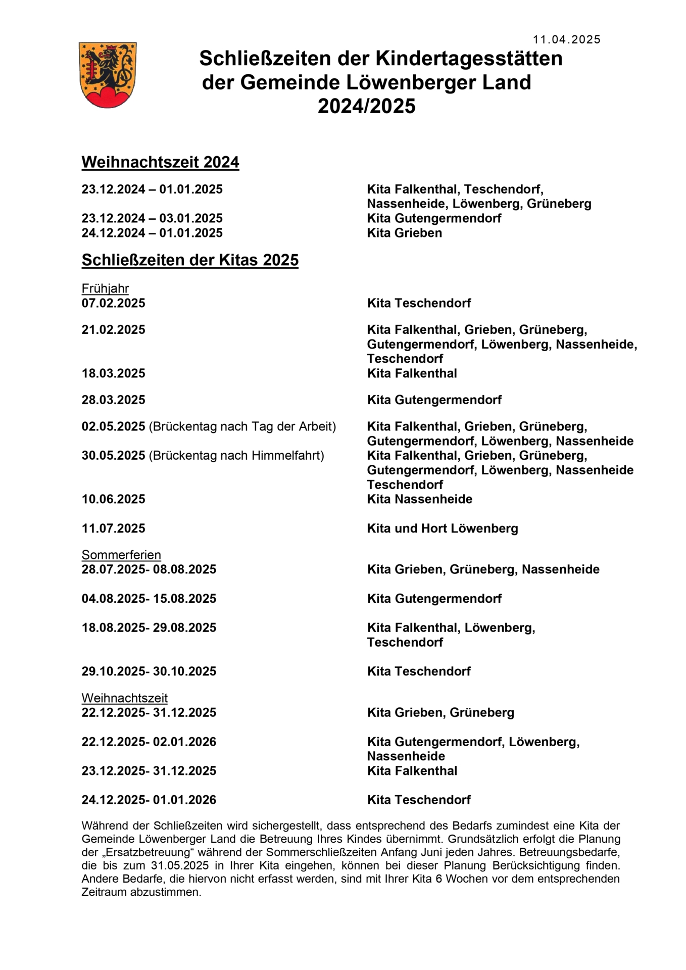 Kita Schließzeiten 2025 neu