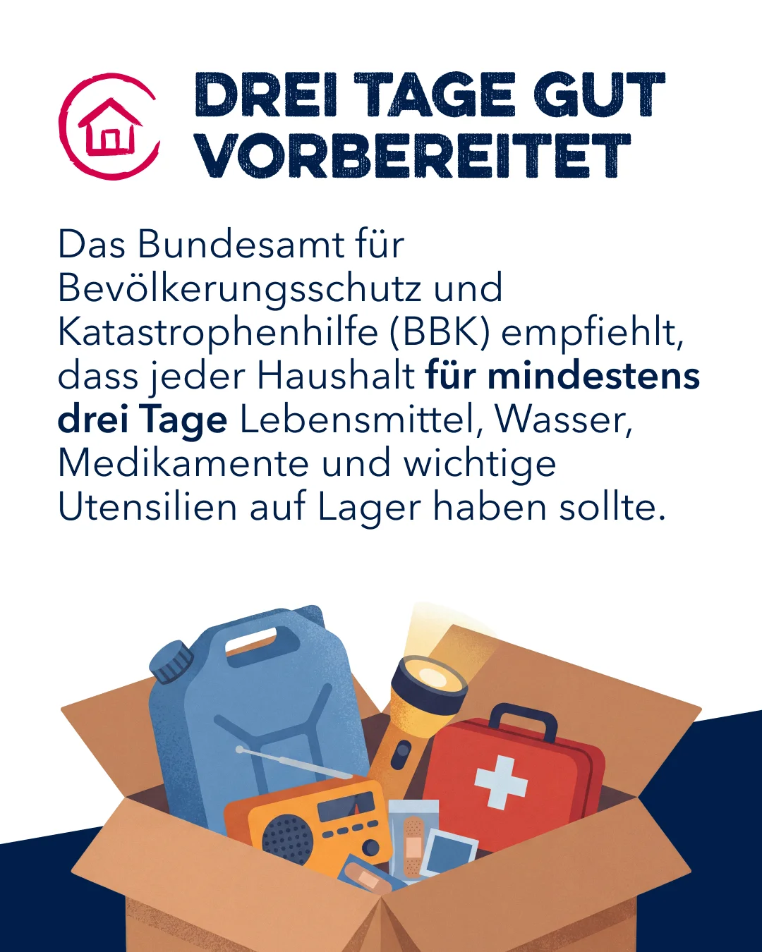Haushalte sollen für drei Tage Lebensmittel, Wasser, Medikamente und wichtige Dinge auf Lager haben.