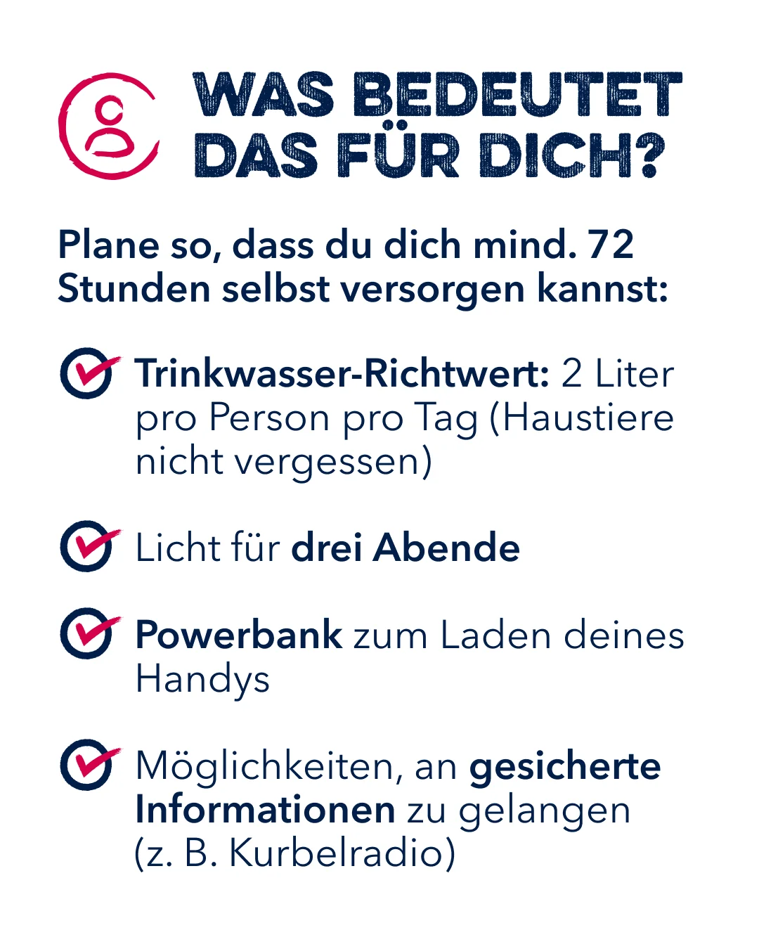 Plane so, dass du dich mindestens 72 Stunden selbst versorgen kannst.
