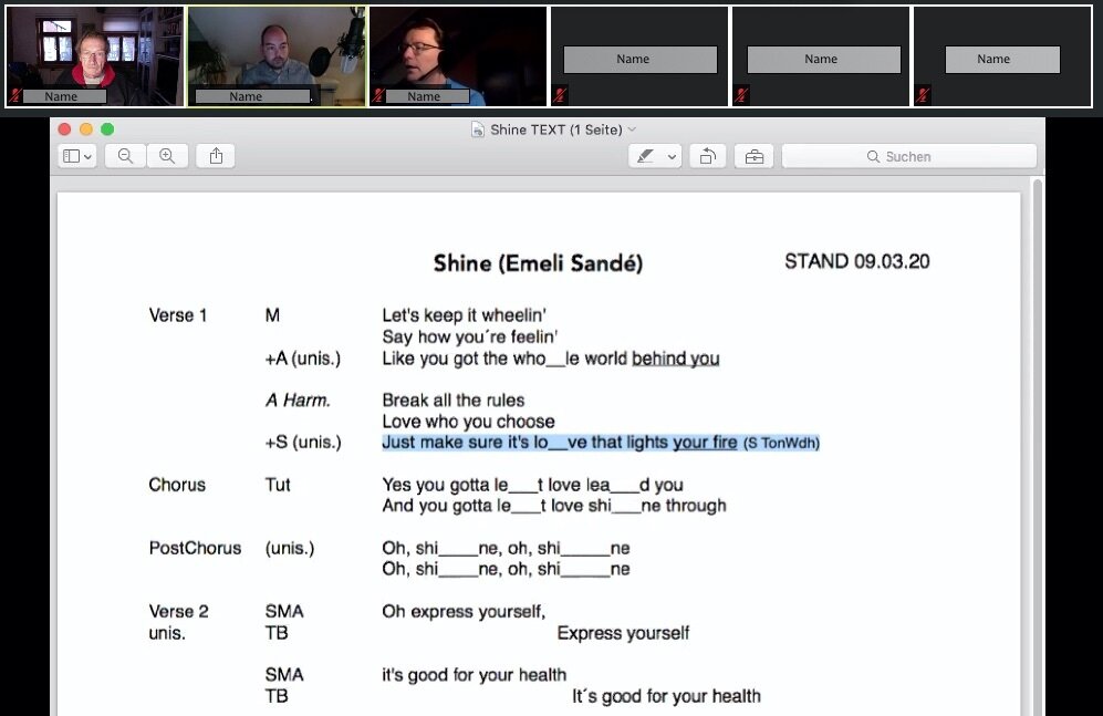 Virtuelle Chorprobe mit eingeblendetem Song "Shine"