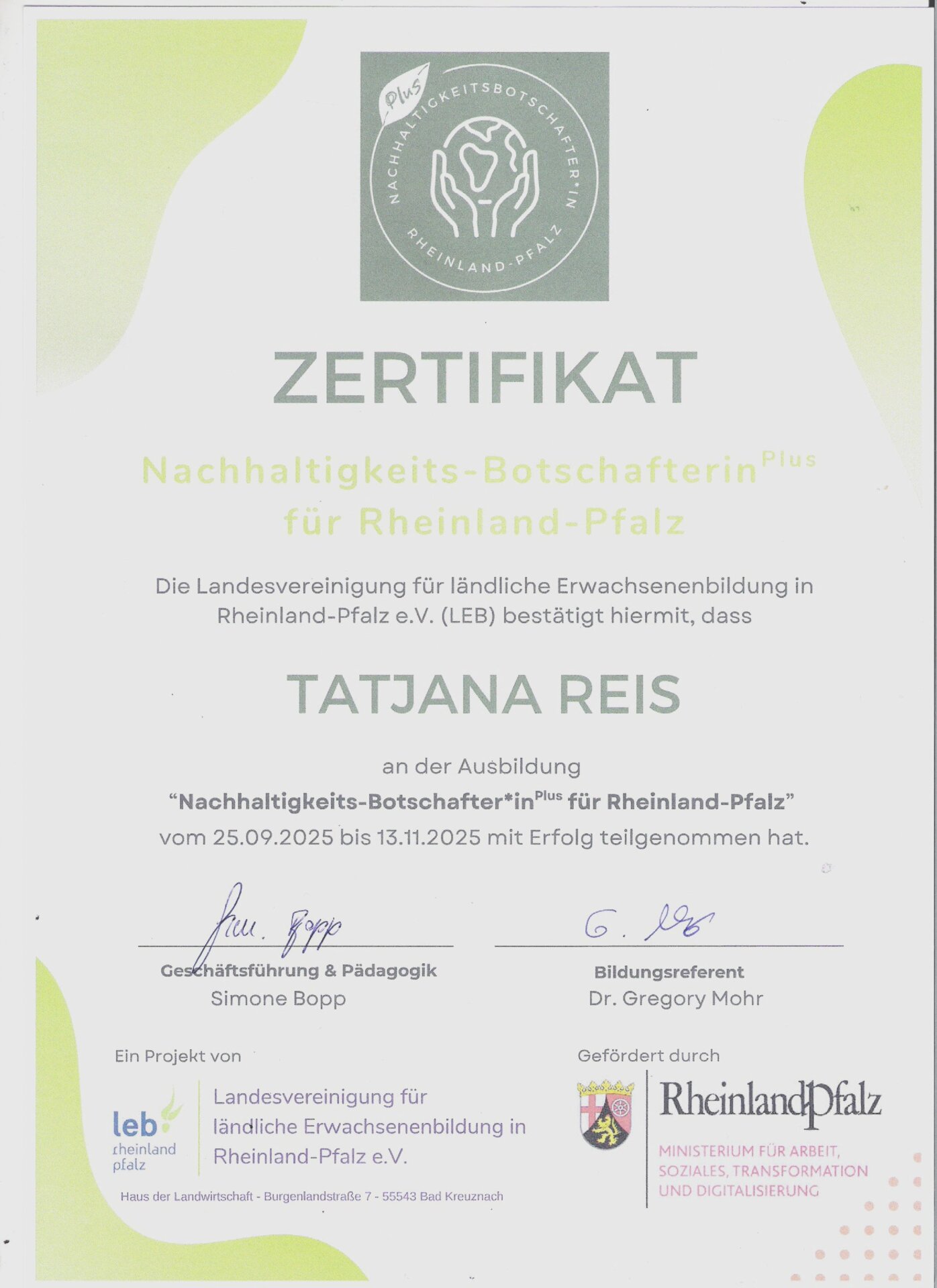 Zertifikat für Tatjana Reis