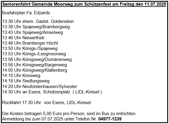 Busfahrplan zum Seniorennachmittag vom Schützenfest am 11.07.2025  Gemeinde Moor