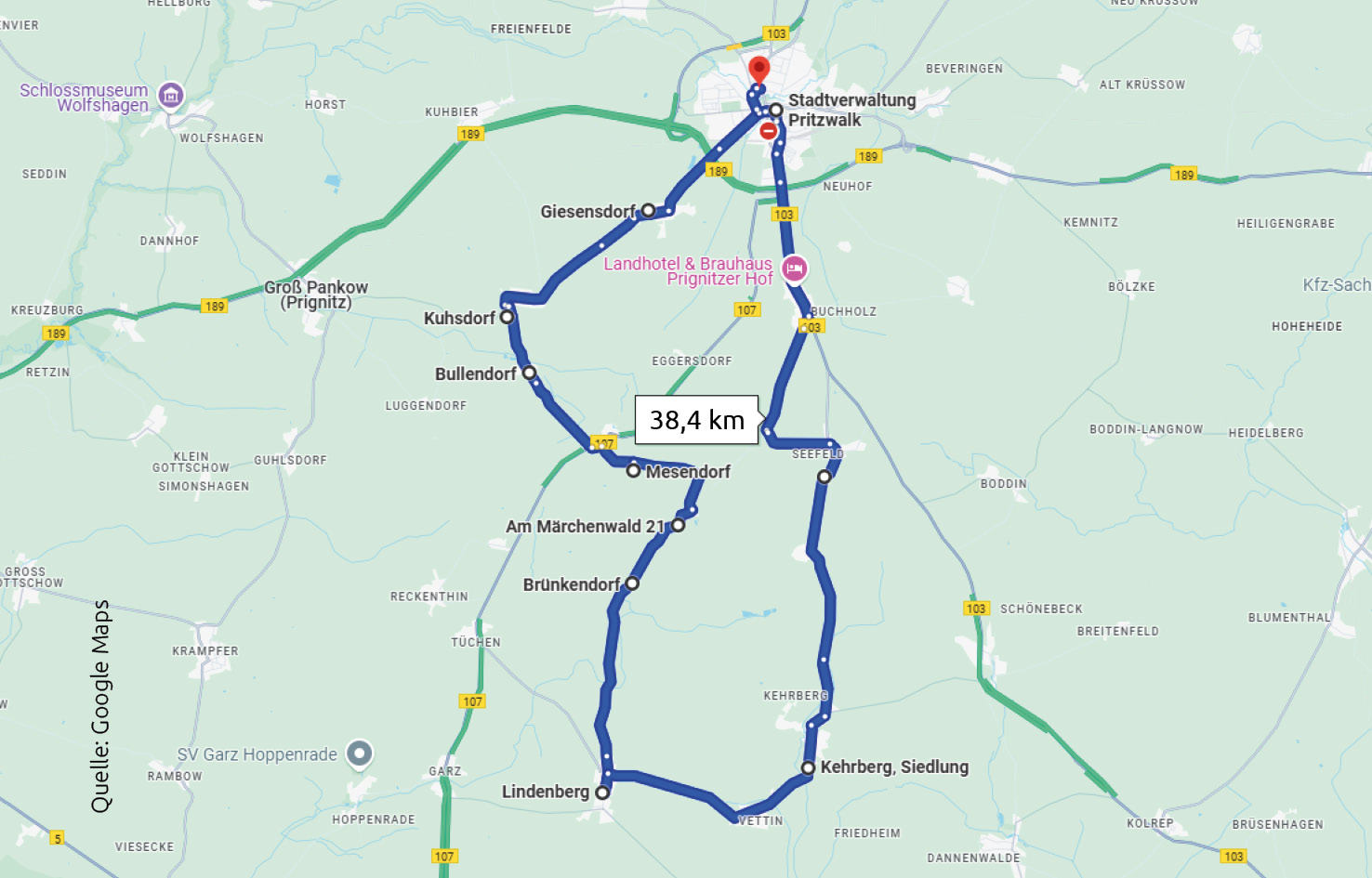 Das ist die Strecke für die diesjährige Sommertour mit dem Bürgermeister. Quelle: Google Maps