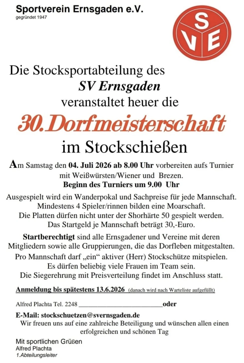 Ausschreibung Dorfmeisterschaft Stocksport