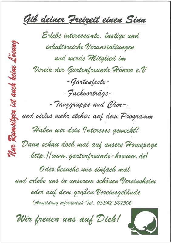 Flyer zur Mitgliedersuche des Vereine sder Gartenfreunde Hönow e.V.