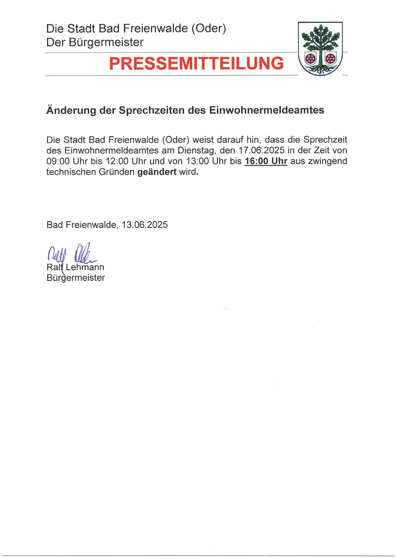 Änderung Sprechzeit EWMA am 17.06.2025