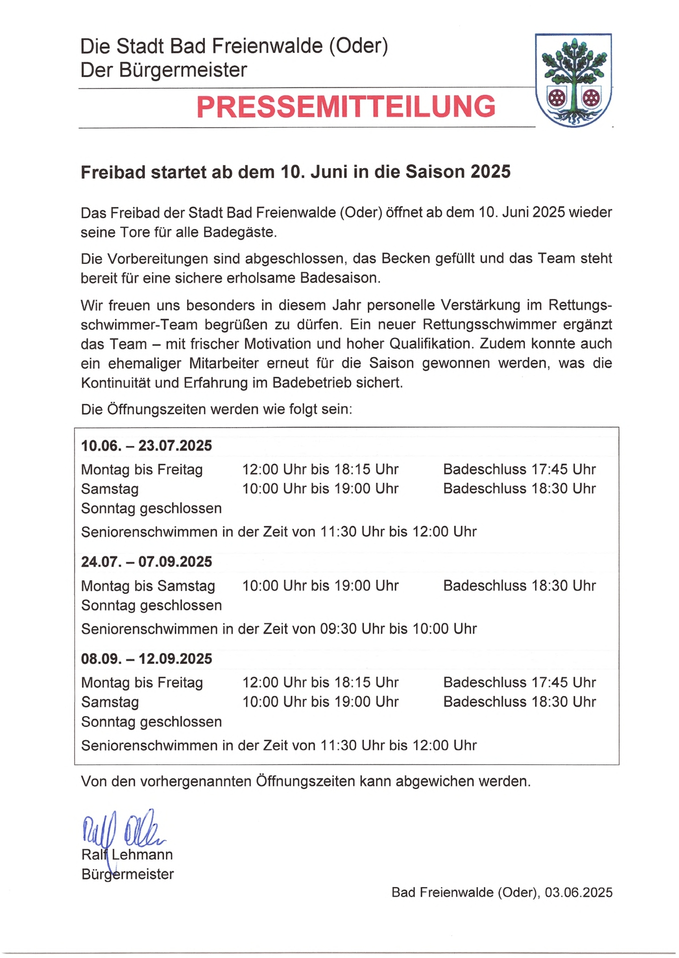 Freibad startet ab 10. Juni in die Saison 2025