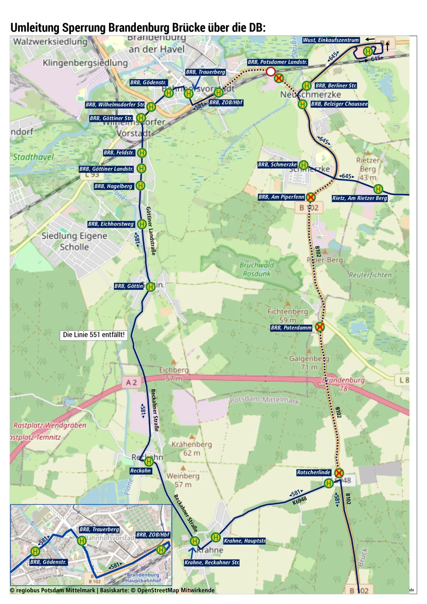 551, 581, 645_Karte_Sperrung Brandenburg Bahnbrücke 2025