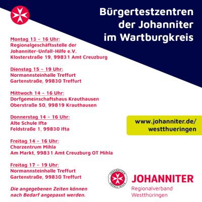 Vorschaubild der Meldung: Johanniter Bürgertestzentren im Wartburgkreis