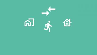 Strichmännchen rennt vom Büro Icon zum Home Icon (Bild vergrößern)