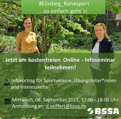 Foto zur Meldung: Einladung zum BSSA-Online Seminar Einstieg Rehasport am 08. September 2021