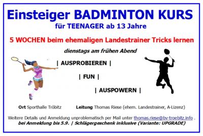 Vorschaubild zur Meldung: Einsteiger Badminton Kurs