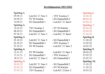 Spielplan Herren II Kreisliga 2021-22