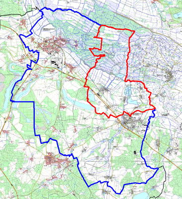 Ausbruch der Geflügelpest in Burg/Spreewald: Landkreis OSL verfügt Maßnahmen für Schutzzone (rote Linie) und Überwachungszone (blaue Linie). (Grafik Veterinäramt OSL) (Bild vergrößern)
