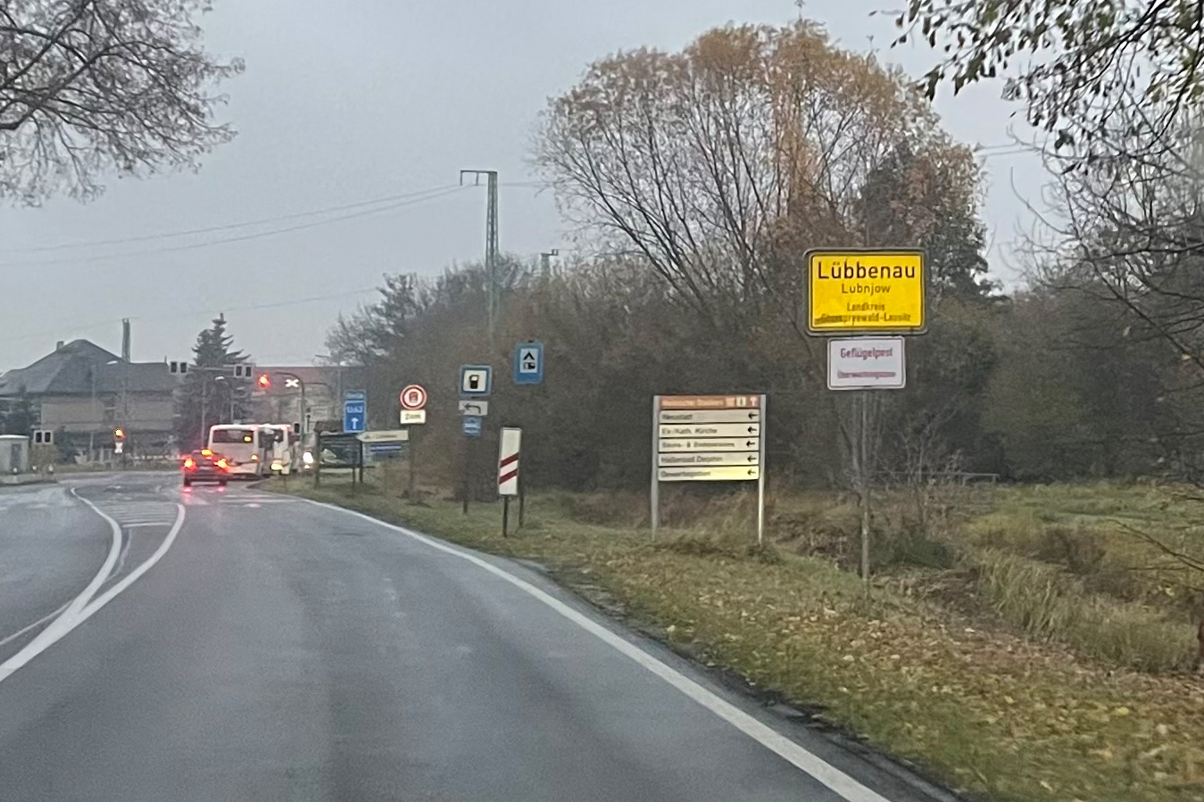 Bild Ortseingangsschild Lübbenau/Spreewald mit der zusätzlichen Beschilderung "Geflügelpest Überwachungszone"