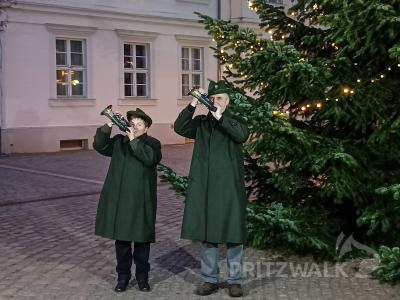 Musikalisch umrahmten Karla Klose und Heinz Fahner mit Bläsermusik den Moment, als die Weihnachtsbaumbeleuchtung eingeschaltet wurde. Foto: Heike Fuchs