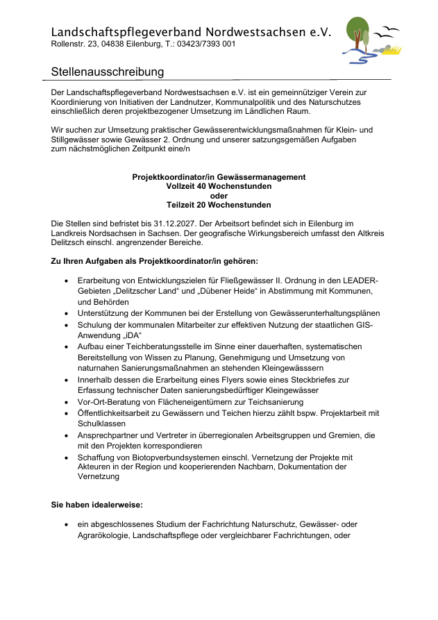 Stellenausschreibung Gewässermanagement 1