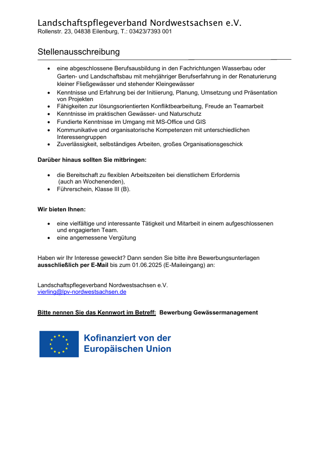 Stellenausschreibung Gewässermanagement 2