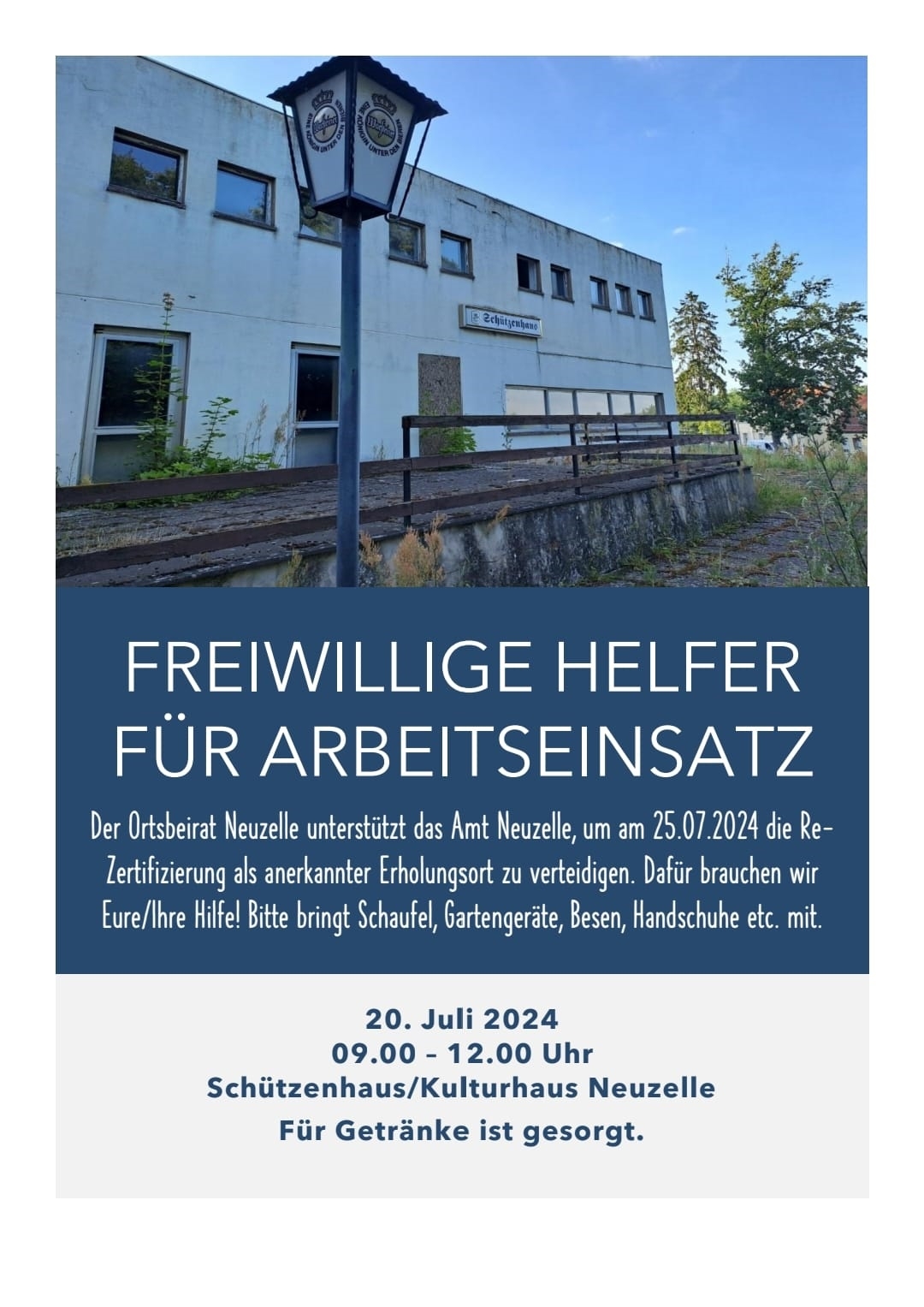 Aufruf zum Arbeitseinsatz am Schützenhaus Neuzelle