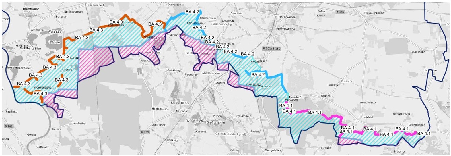 Karte: GIS/LKEE Legende zur Karte: - nördliche Grenze: BA 4.1; 4.2; 4.3 - südliche Grenze: Landesgrenze Brandenburg/Sachsen - blau schraffiert: Schutzkorridor - magenta schraffiert: Hochrisikokorridor