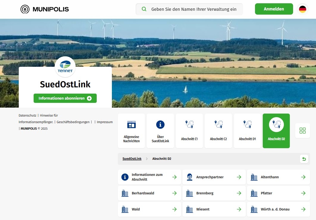 Screenshot der SuedOstLink Abschnitt D2 Seite