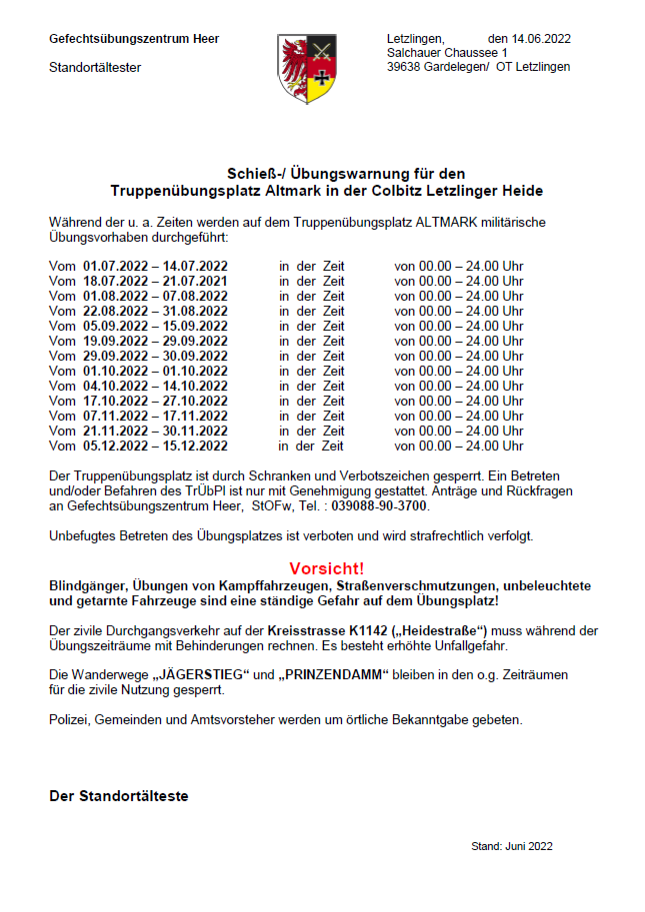Schieß-/ Übungswarnung für den Truppenübungsplatz Altmark in der Colbitz Letzlinger Heide 2022 (Juni)