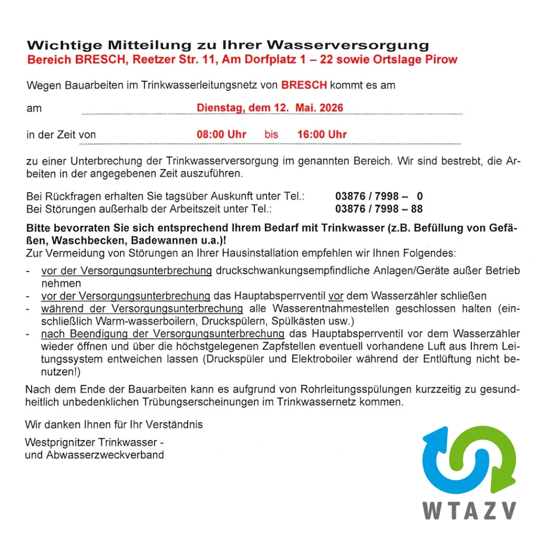 WTAZV Mitteilung Wasserversorgung Pirow 12.05.2026