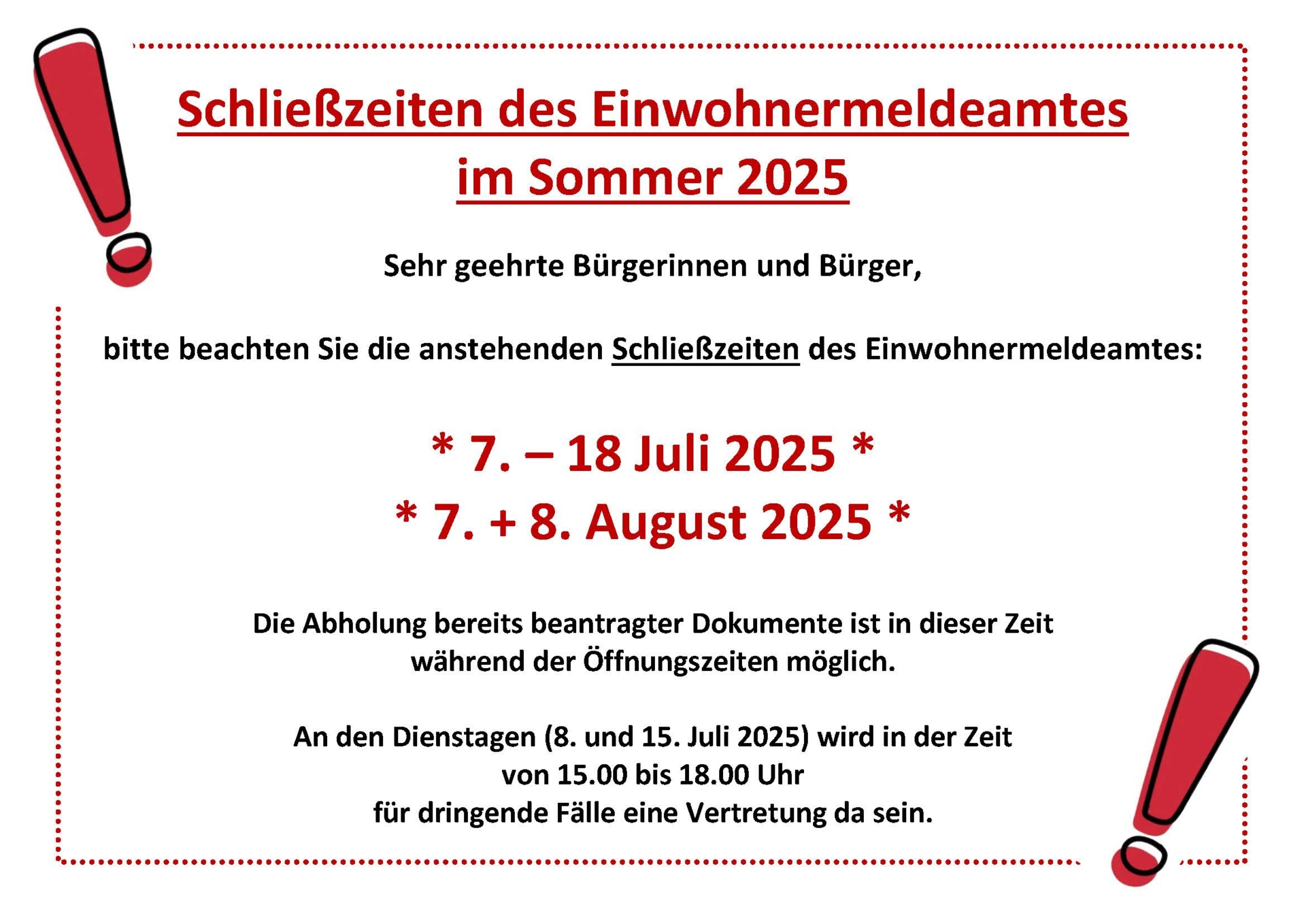 Schließzeiten Einwohnermeldeamt