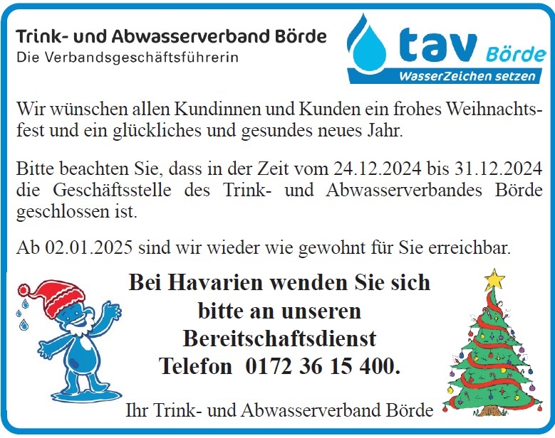 Schließzeiten zum Jahreswechsel 2024/2025