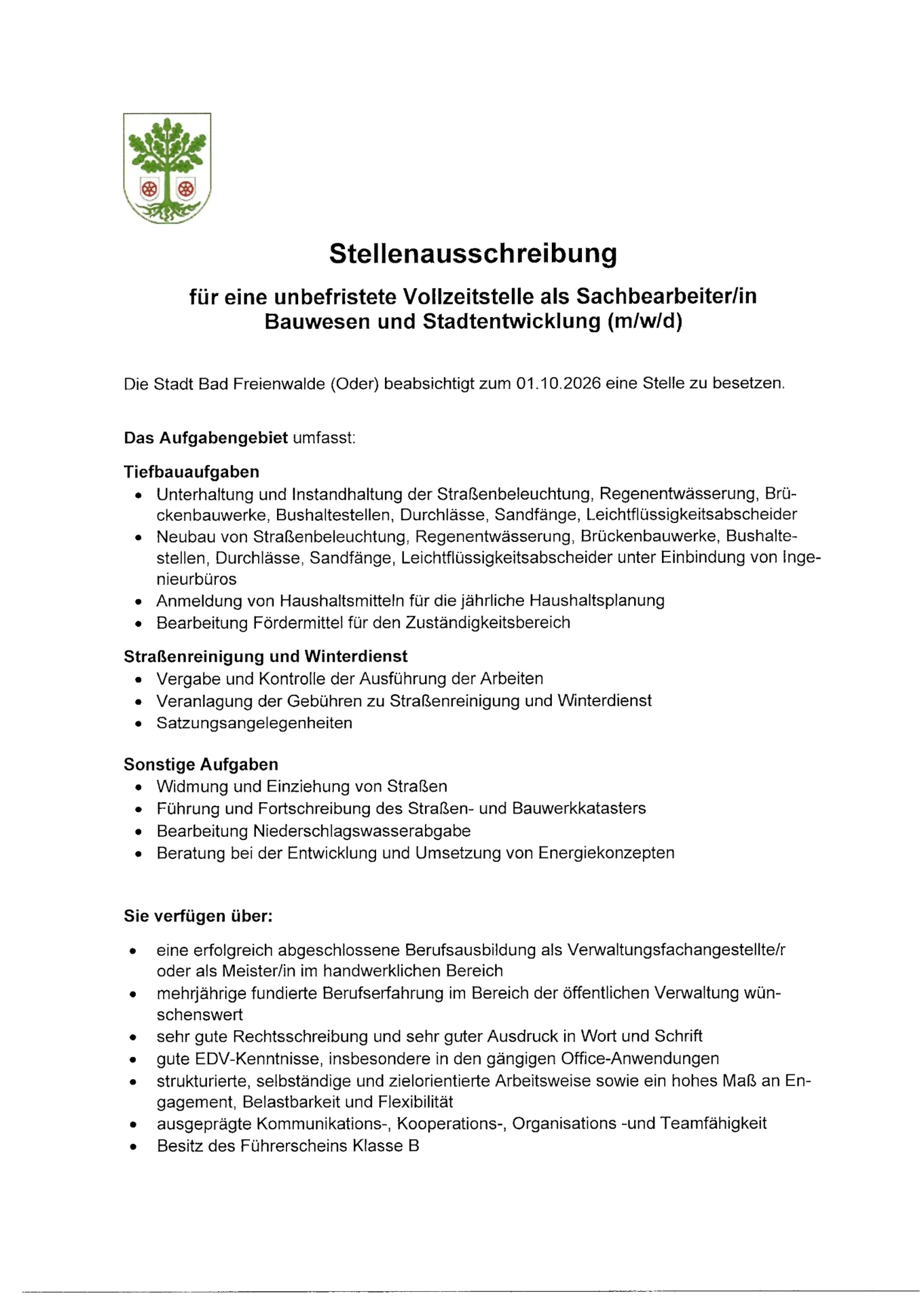 Stellenausschreibung für eine unbefristete Vollzeitstelle als Sachbearbeiter/in  Bauwesen und Stadtentwicklung (m/w/d)