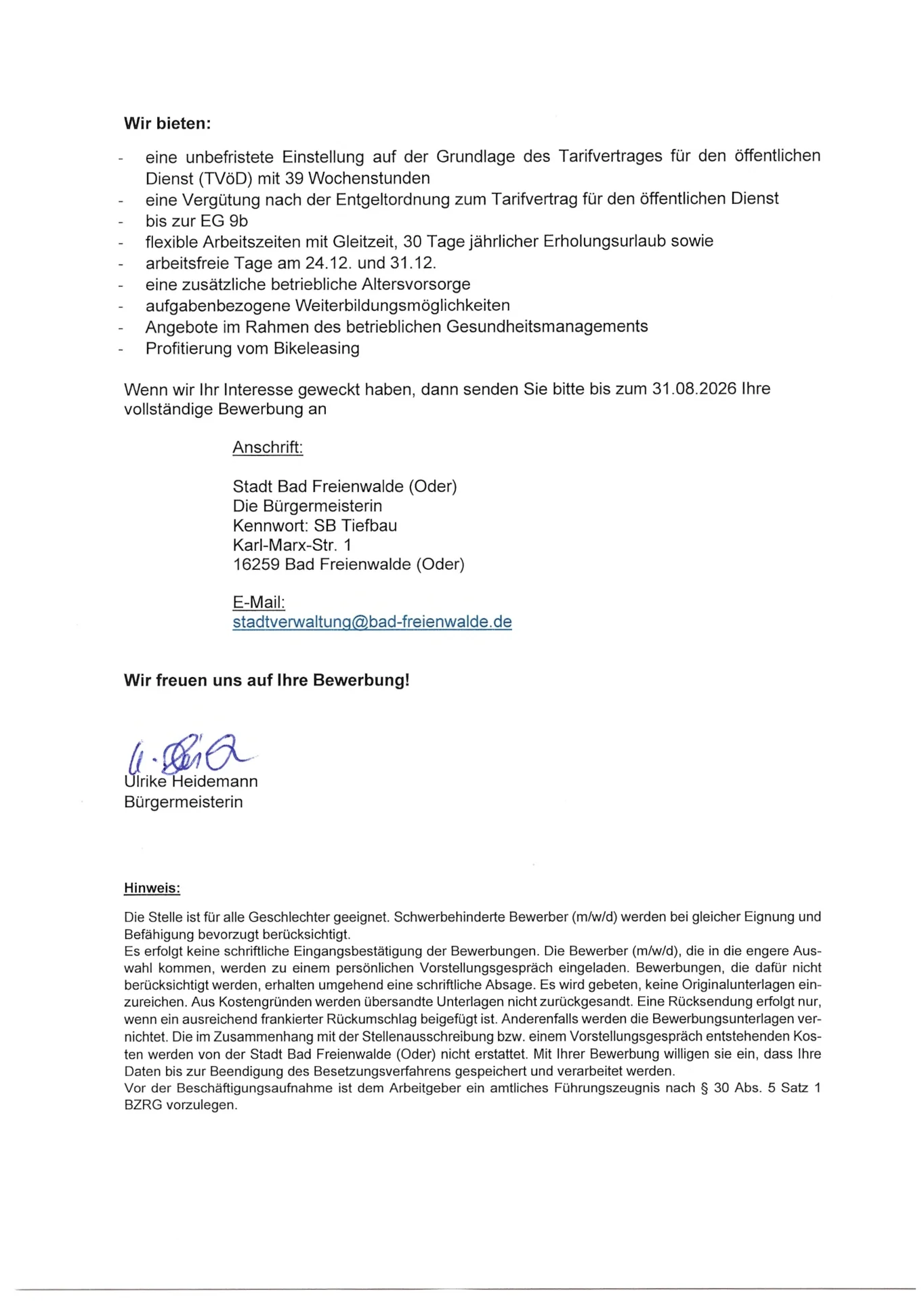 Stellenausschreibung für eine unbefristete Vollzeitstelle als Sachbearbeiter/in  Bauwesen und Stadtentwicklung (m/w/d)