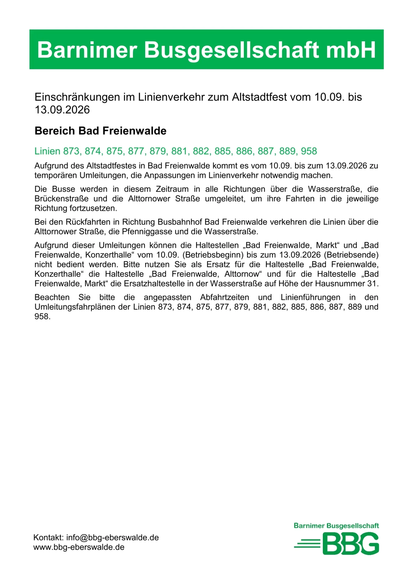 Einschränkungen im Linienverkehr zum Altstadtfest vom 10.09.2026 bis 13.09.2026.