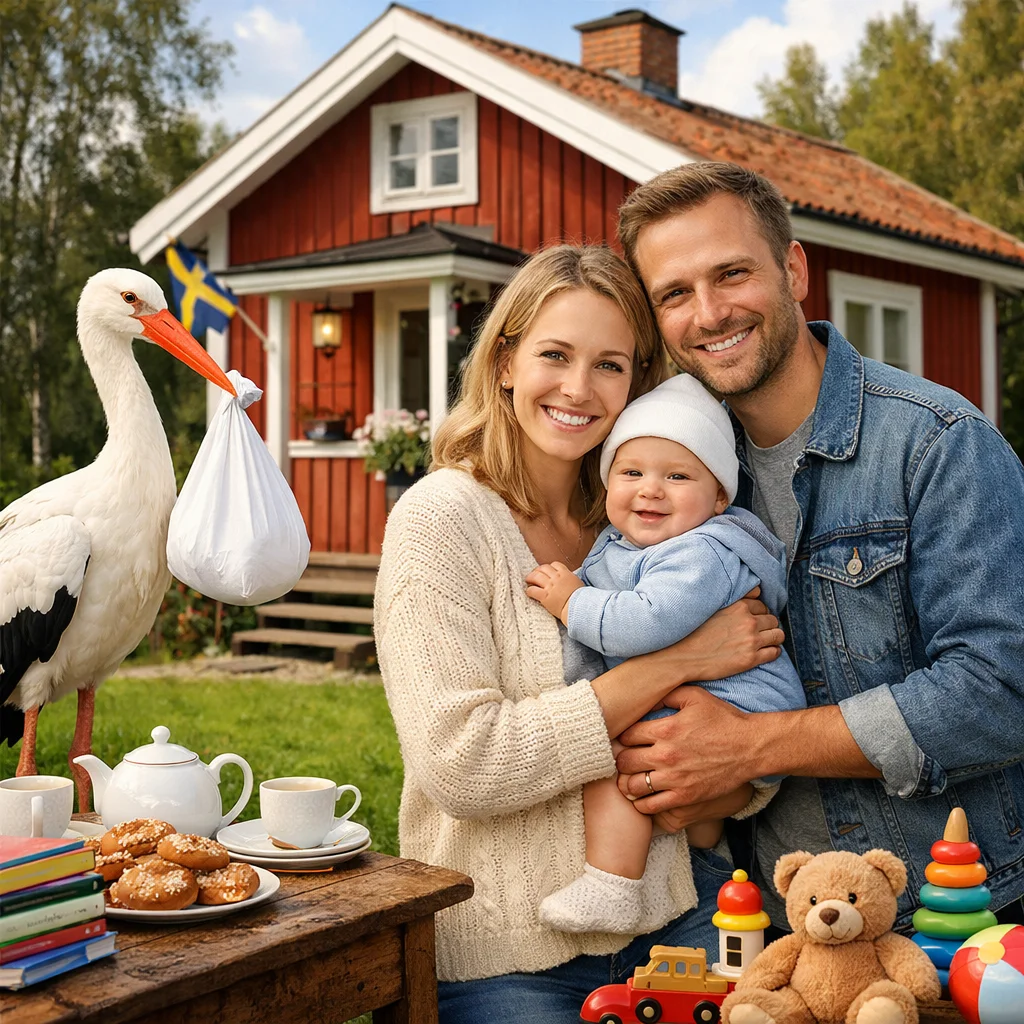 Famile mit Baby, Storch und Spielzeug vor schwedischer Hütte