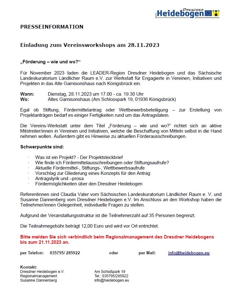Einladung zum Vereinsworkshop am 28.11.2023 - Dresdner Heidebogen