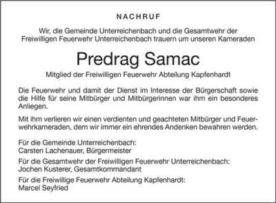 Meldung: Die Feuerwehr Unterreichenbach trauert um Predrag Samac ("Braco")