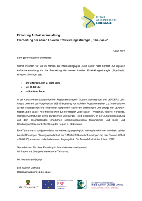 Vorschaubild zur Meldung: Einladung zur Auftaktveranstaltung - Erarbeitung der neuen Lokalen Entwicklungsstrategie „Elbe-Saale“