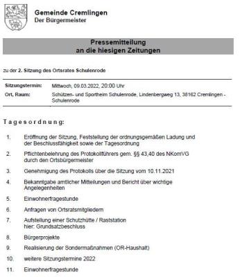 Sitzung des Ortsrates Schulenrode