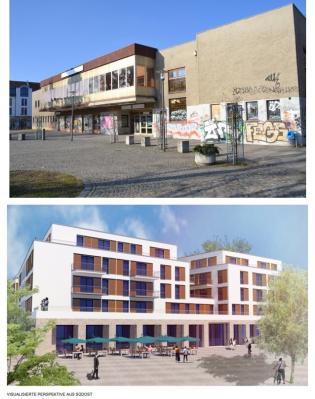 Unser Bild zeigt die alte Stadthalle (oben) und eine Grafik des geplanten Neubaus (Quelle Stadt Falkensee und Architekturbüro Papendieck, Rade + Partner – Partnerschaft mbB).