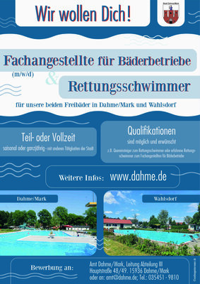 Stellenausschreibung für die Freibäder Dahme/Mark und Wahlsdorf (Bild vergrößern)
