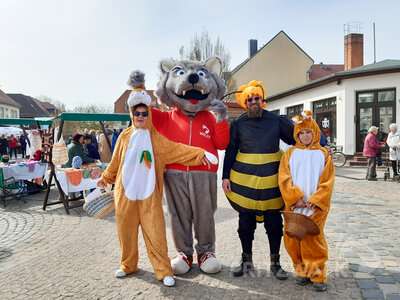 Willy Wolf, zwei Osterhasen und eine dicke Biene machten den Frühlingsmarkt unsicher und sorgten für fröhliche Hingucker. Foto: Franziska Liebing
