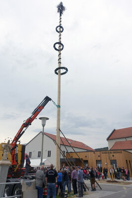 Foto zur Meldung: Premiere beim Maibaum aufstellen auf dem Dorfplatz Prackenbach